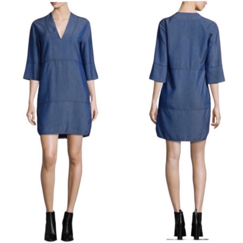 Vince Chambray Denim V-Neck Tunic Pocket Shift Dress